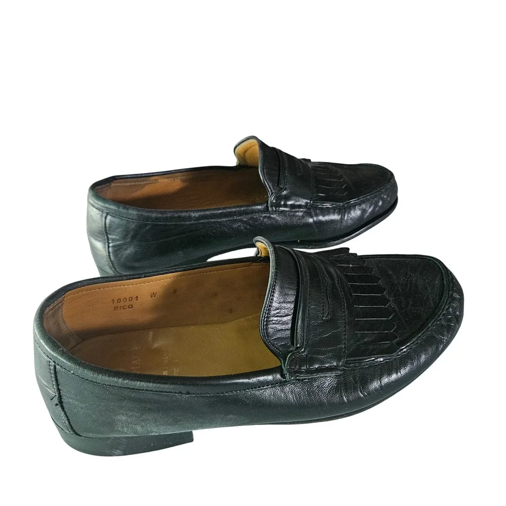 Bruno Magli Rico Mens Black Leather Kiltie Penny Loafers Made in Italy Size 8 W
